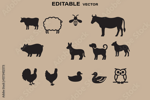 Collection of black silhouette farm animals and an owl on a beige background editable vector