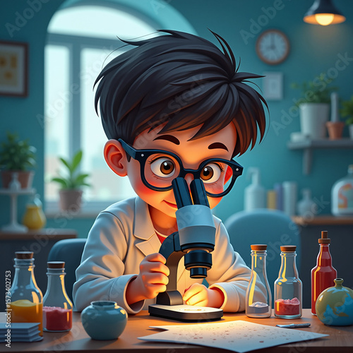 Young boy working with microscope and laboratory equipment at home  