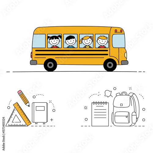 A delightful back to school design featuring a bus full of children, school supplies, and a backpack for educational themes.