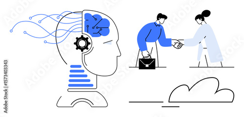 Profile of AI-powered head with circuits and human handshake representing cooperation. Ideal for technology, innovation, business strategy, teamwork, digital transformation, automation, futurism