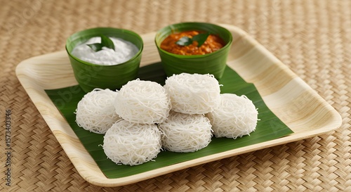Idiyappam string hoppers rice noodle dish kerala cuisine indian food breakfast served with chutney and coconut