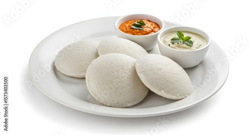 Delicious idli sambar south indian breakfast served with chutney on white plate healthy and tasty food