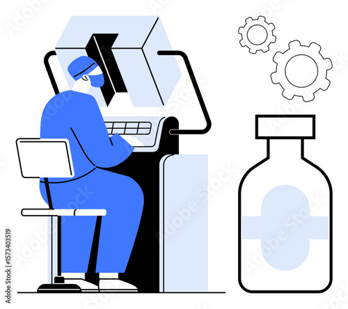 Scientist working on modern equipment, medicine bottle, and gears symbolizing research, innovation, and development. Ideal for healthcare, technology, pharmaceutical, science research innovation