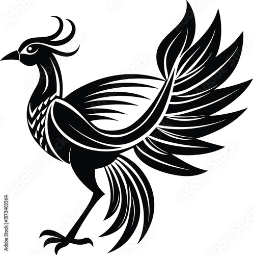 Elegant black silhouette of a majestic bird with flowing feathers and ornate details