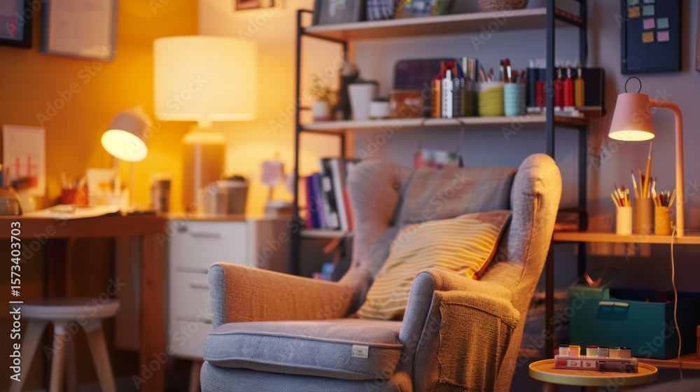 Fototapeta premium A crafting nook featuring an inviting armchair shelves stocked with art supplies and a warm ambient glow.