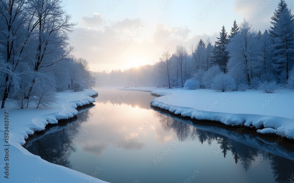 Fototapeta premium winter landscape with beautiful reflection in the water. High quality