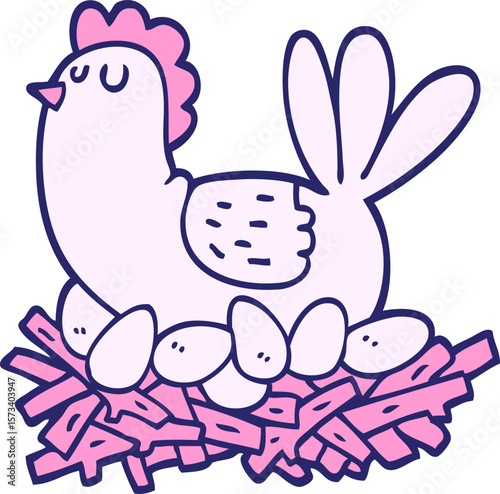hand drawn doodle style cartoon chicken on nest of eggs in bright neon color