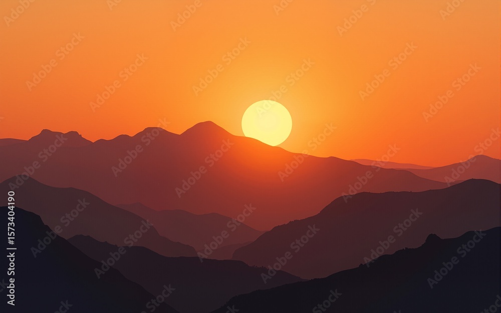 Fototapeta premium Silhouettes of mountains at dawn or sunset. Beautiful natural orange landscape. High quality