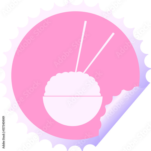 Rice bowl circular peeling sticker vector illustration in bright neon color