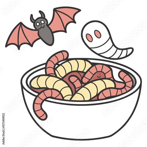 A cute cartoonish illustration of a bowl filled with gummy worms and a playful bat and ghost hovering nearby perfect for halloween themed designs and celebrations