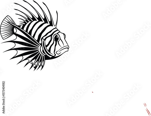 Striking black and white silhouette of a lion fish with distinctive fins and stripe