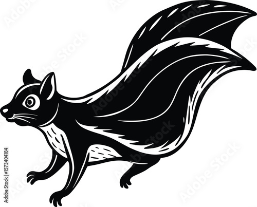 Stylised black silhouette of a squirrel with a bushy tail in motion