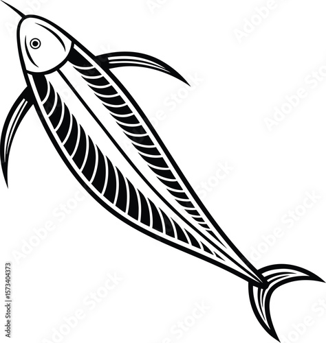 Stylised black and white marlin silhouette with tribal patterns and sharp fins