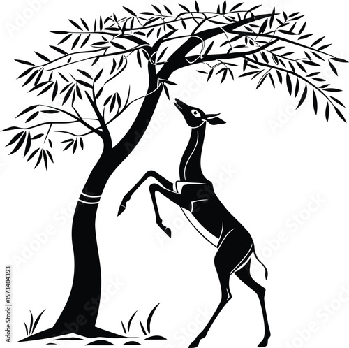 Graceful gazelle reaching for leaves on a tree silhouette