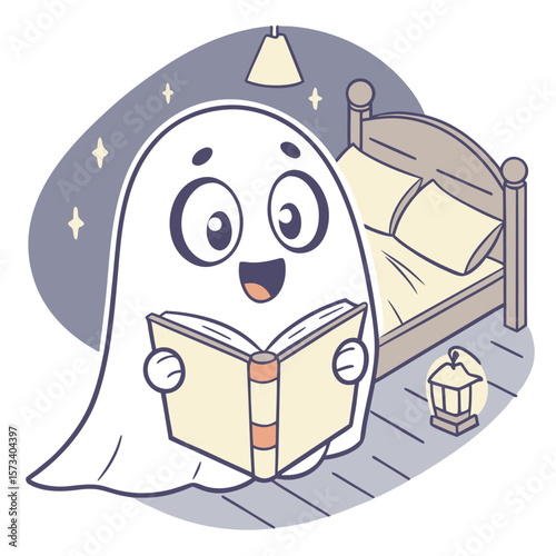 A cute and friendly cartoon ghost is happily reading a book in its bedroom at night next to a bed and a lantern