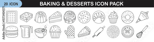 Outline icon set of baking and dessert items - Linear icons illustrating sweet treats and baking tools, including cakes, cookies, cupcakes, pies, donuts, whisks, rolling pins, and oven mitts.
