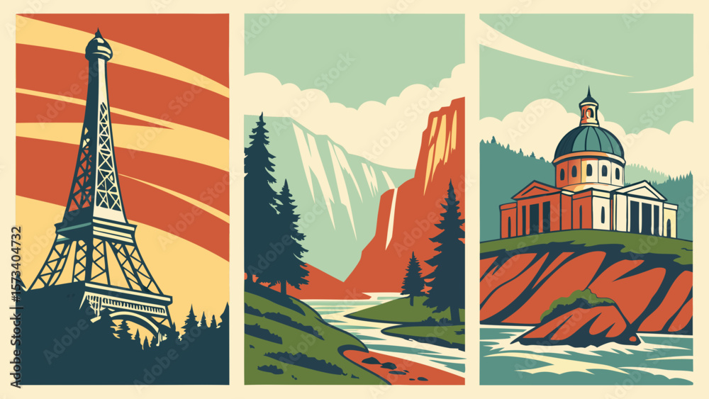 Fototapeta premium Retro Vector Travel Posters of Scenic Natural Landmarks with Textured Gradients & Bold Typography