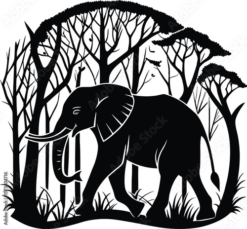 Majestic elephant walking through a dense forest under a curved canopy silhouette