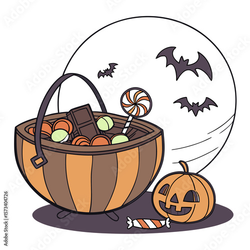 A festive halloween scene featuring a full trick or treat candy bucket overflowing with chocolate bars and colorful candies a smiling jack o lantern and bats flying in front of a large full moon