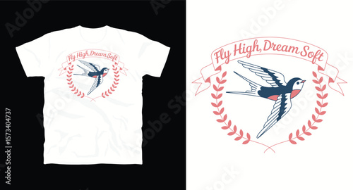 Fly high, Dream soft motivational graffiti typography vector t-shirt design with bird