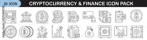 Outline icon set for cryptocurrency and finance - Linear icons representing digital finance and cryptocurrency concepts like coins, wallets, banks, charts, payments, security, and data mining.
