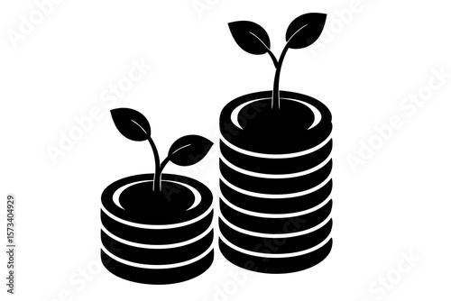 Investment Growth Icon – Money Stack with Plant Silhouette Vector