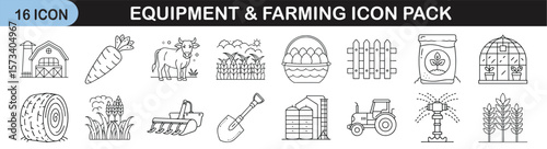 Outline icon set of farming tools and equipment - Linear icon pack depicting agriculture and farming elements like tractors, barns, crops, animals, tools, silos, fences, and harvest items.
