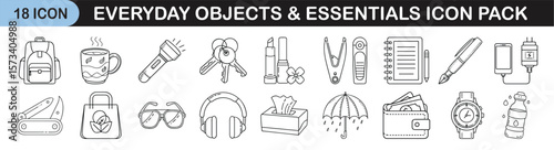 Outline icon pack of everyday essential objects - Linear icons featuring common daily items like backpacks, mugs, keys, notebooks, gadgets, sunglasses, watches, and personal accessories.
