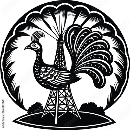 Intricate black silhouette of a peacock perched on an oil derrick with a stylized fan tail