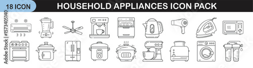 Household Appliances Icon Set for Kitchen and Home Essentials - Line icon pack of 18 illustrations showcasing common household appliances including kitchen gadgets, laundry machines, and personal care