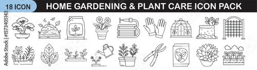 Home Gardening and Plant Care Icon Set for Green Living - Line icon pack of 18 illustrations featuring tools, plants, pots, seeds, and accessories used in home gardening and plant maintenance.
