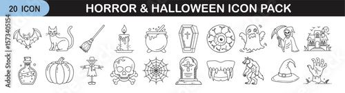Horror and Halloween Icon Set for Spooky and Festive Themes - Line icon pack of 20 illustrations featuring classic Halloween symbols and horror elements like ghosts, pumpkins, witches, monsters
