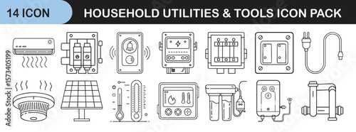 Household Utilities and Tools Icon Set for Home Maintenance and Energy Systems - Line icon pack of 14 illustrations featuring essential household systems and utilities like heating, cooling, solar pan