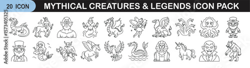 Mythical Creatures and Legends Icon Set for Fantasy Themes - Line icon pack of 20 illustrations featuring legendary creatures and folklore icons such as dragons, unicorns, mermaids, griffins, and mons