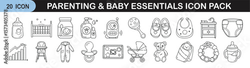 Parenting and Baby Essentials Icon Set for Infant Care - Line icon pack of 20 illustrations featuring baby products, parenting tools, clothing, feeding, toys, and nursery items for newborn care visual