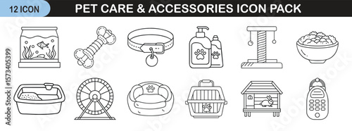 Pet Care and Accessories Icon Set for Animal Lovers - Line icon pack of 12 illustrations featuring pet care essentials such as collars, toys, grooming products, food, habitats, and accessories.
