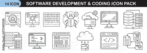 Software Development and Coding Icon Set for Tech Projects - Line icon pack of 14 illustrations representing software engineering, coding, bug fixing, databases, cloud computing, and web development.
