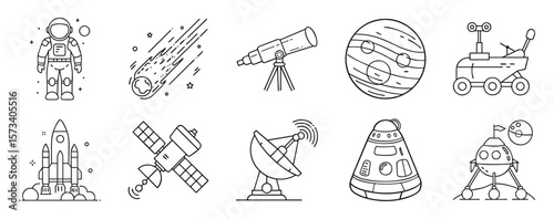Space Exploration Icon Set with Astronauts, Rockets, and Telescopes - Line icon pack of 11 illustrations showcasing space exploration tools and themes, including astronauts, rockets, planets, rovers, 