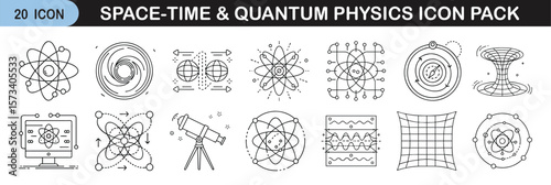 Space-Time and Quantum Physics Icon Set for Scientific Concepts - Line icon pack of 20 illustrations focused on space-time, quantum mechanics, atomic structures, wave functions, relativity, and theore