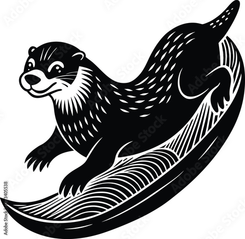 Playful otter surfing on a stylized wave in a bold black and white silhouette