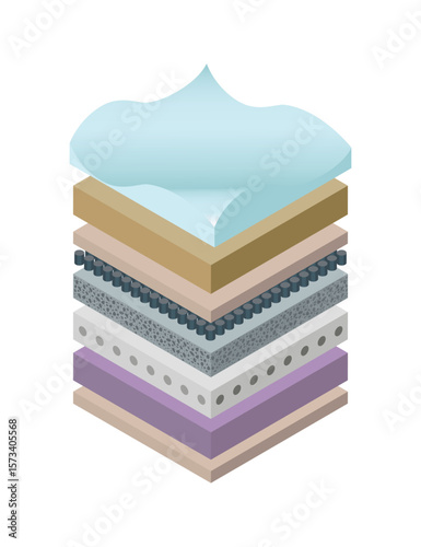 Layered orthopedic mattress icon. Isometric bed section layers. Fabric breathable material, structure for correct sleeping position. Soft filler, comfort synthetic fiber