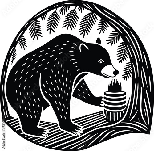 Black bear reaching for honeycomb in a forest setting silhouette