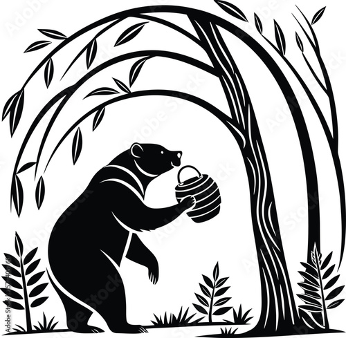 A bear reaches for a honey pot under a stylized forest canopy silhouette
