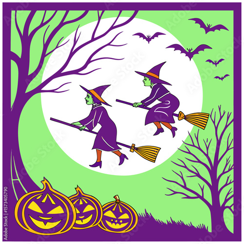 Two witches in pointy hats and robes fly on broomsticks across a pale moonlit sky with bats flying above spooky carved pumpkins and bare trees on halloween night