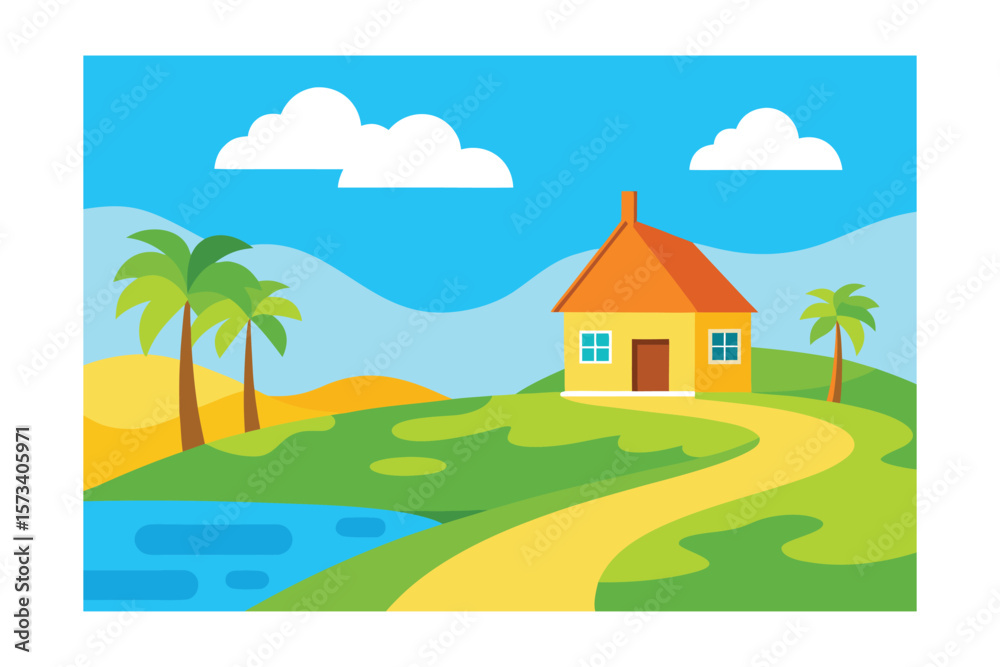 Obraz premium Cozy Yellow House Next To A Lake With A Palm Tree