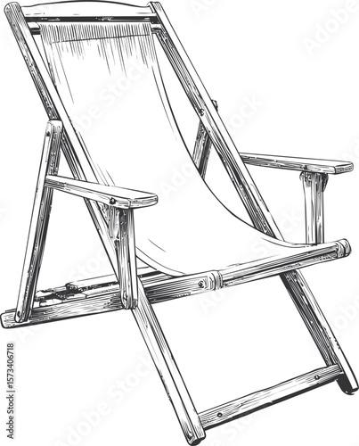 Wooden folding deck chair illustration in black and white sketch style
