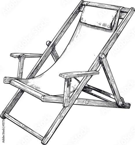 Illustration of a foldable wooden deck chair in black and white sketch style