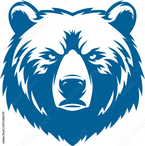 Blue stylized bear head illustration with fierce expression, vector art design