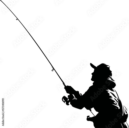 Silhouette of a person fishing with a rod, vector art
