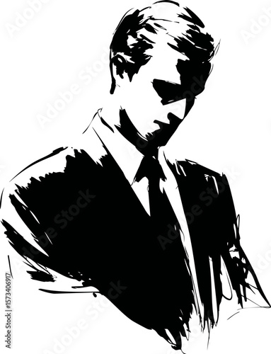Monochrome illustration of a contemplative man in a suit with slicked-back hair